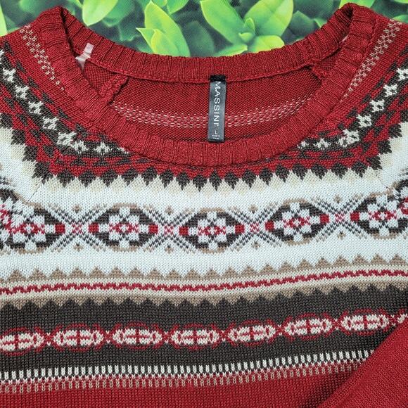 Massini Fair Isle Dark Red Maroon Sweater Dress Tunic Self Sash Belt size Large - Picture 4 of 13